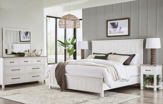 Cora Panel Bed, Mirrored Dresser, 5 Drawer Chest, and 1 Drawer Nightstand