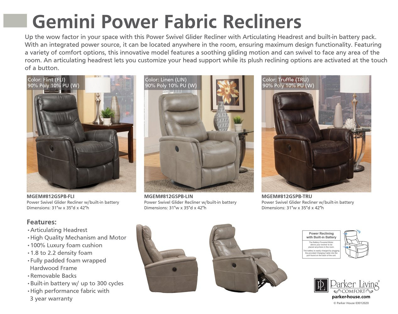 GEMINI - LINEN POWER SWIVEL GLIDER RECLINER