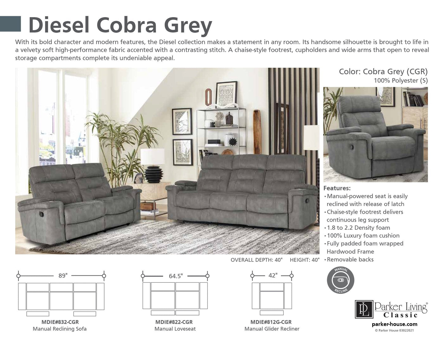 DIESEL - COBRA GREY MANUAL RECLINING COLLECTION