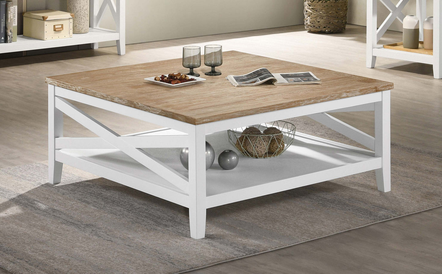 Hollis Square Wood Coffee Table With Shelf Brown and White