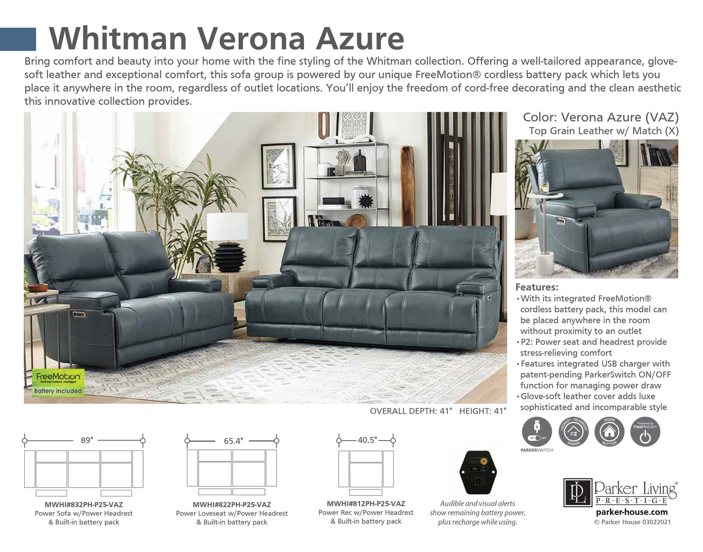 WHITMAN - VERONA AZURE - POWERED BY FREEMOTION POWER CORDLESS LOVESEAT