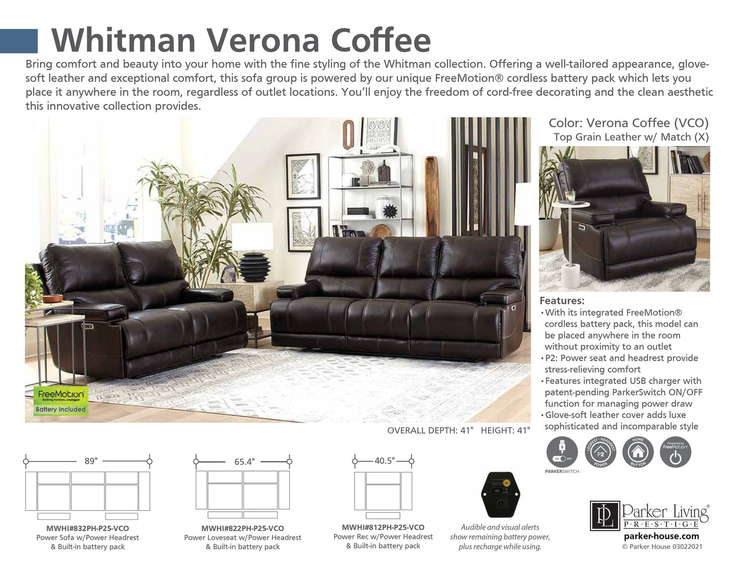 WHITMAN - VERONA COFFEE - POWERED BY FREEMOTION POWER CORDLESS SOFA