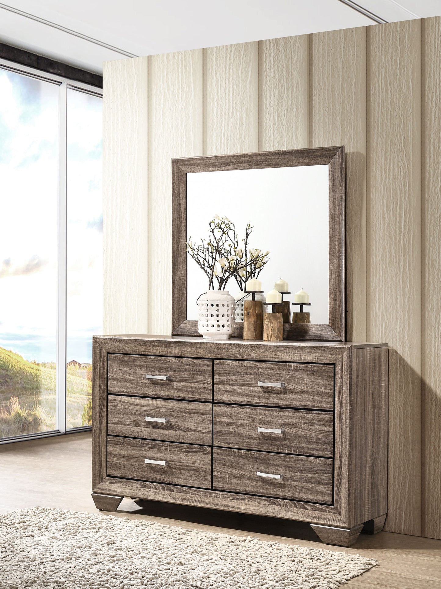 Kauffman 6-drawer Dresser with Mirror Washed Taupe